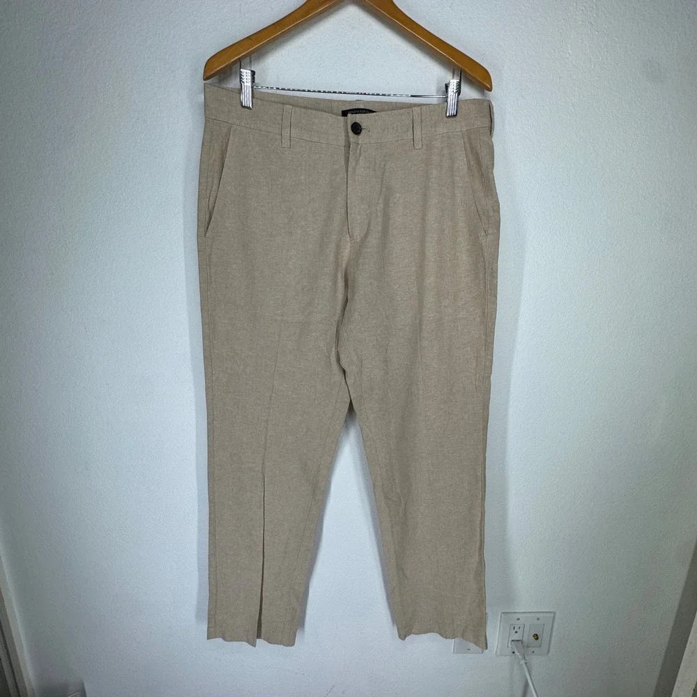 Banana Republic Mens Tan Linen Cotton Blend Flat Front Trousers 34x32 Relaxed